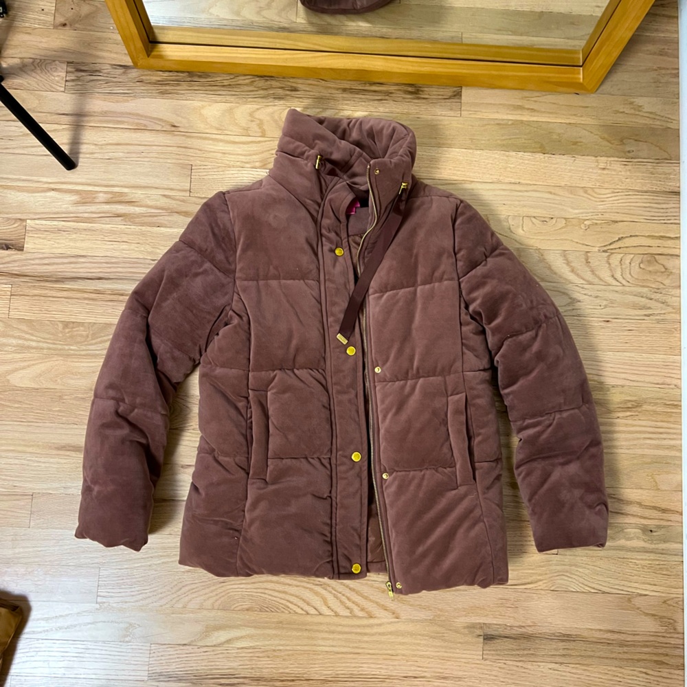 Dusty pink, velvet puffer jacket